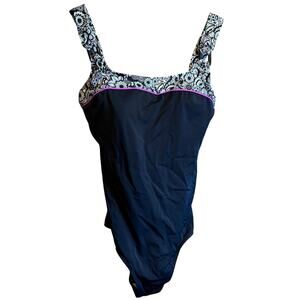 Fit 4 U One Piece Swimsuit Black Pink Navy Floral Size 14